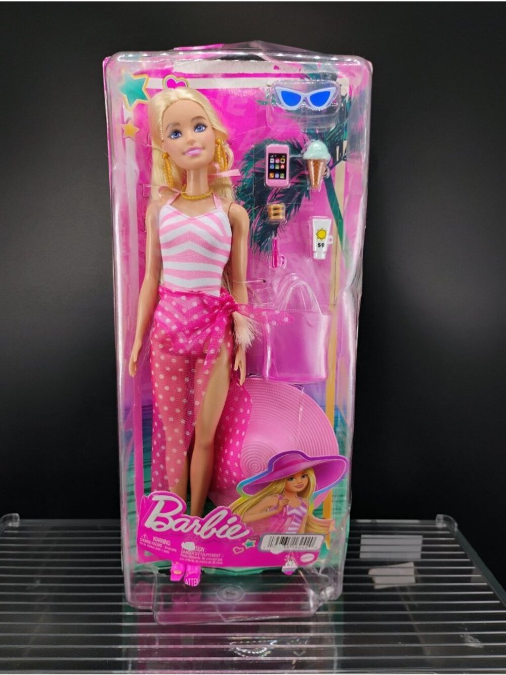 Barbie Beach Day Doll With Accessories Pink Striped Dress Swimwear